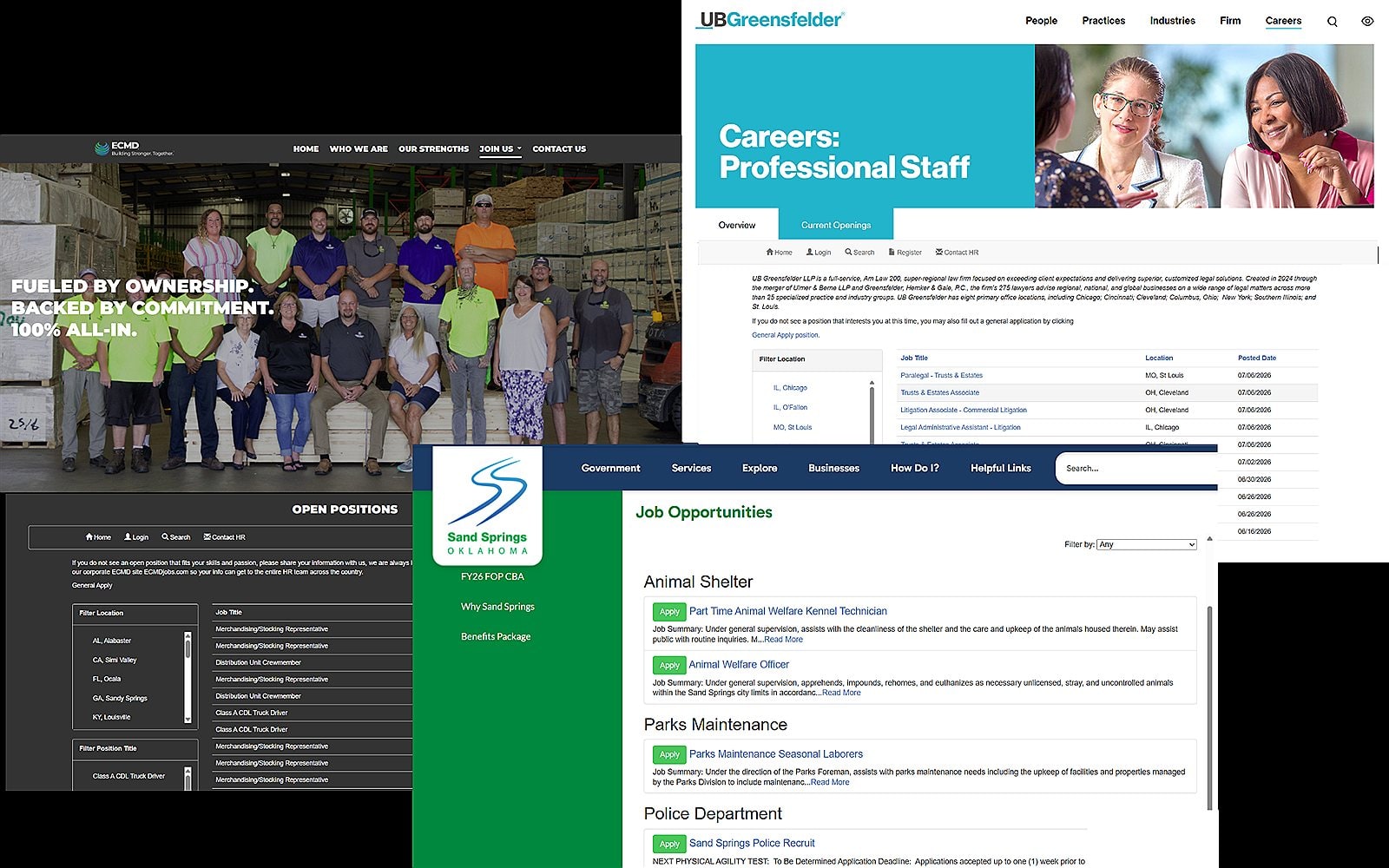 Branded career sites built by AcquireTM customers, each reflecting their own company's look and feel